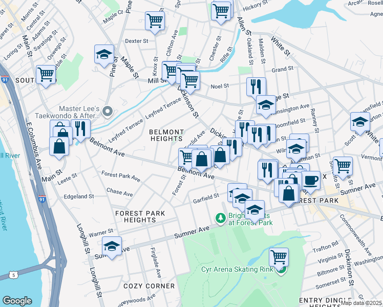 map of restaurants, bars, coffee shops, grocery stores, and more near 13 Keith Street in Springfield