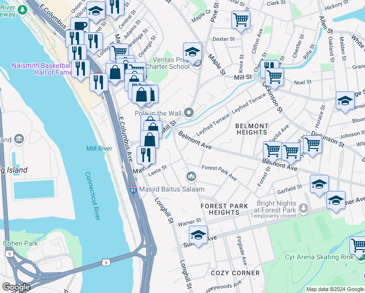 map of restaurants, bars, coffee shops, grocery stores, and more near 77 Fort Pleasant Avenue in Springfield