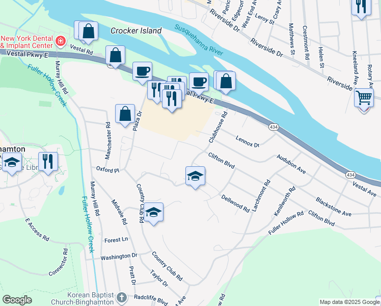 map of restaurants, bars, coffee shops, grocery stores, and more near 439 Clubhouse Road in Vestal