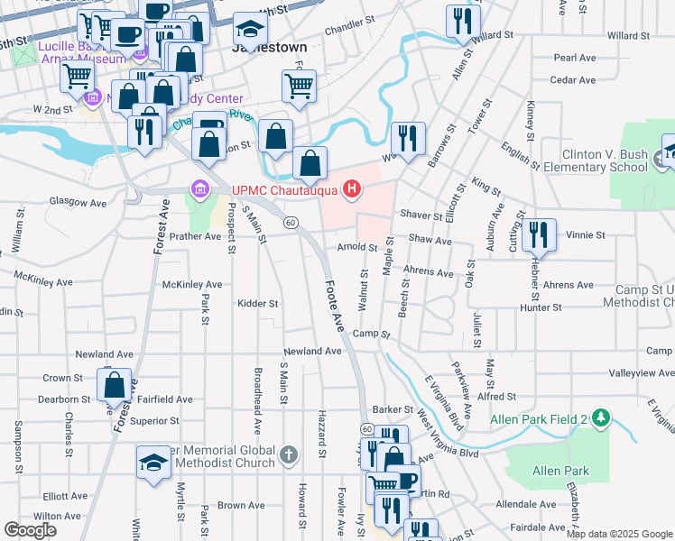 map of restaurants, bars, coffee shops, grocery stores, and more near 341-341 Foote Avenue in Jamestown