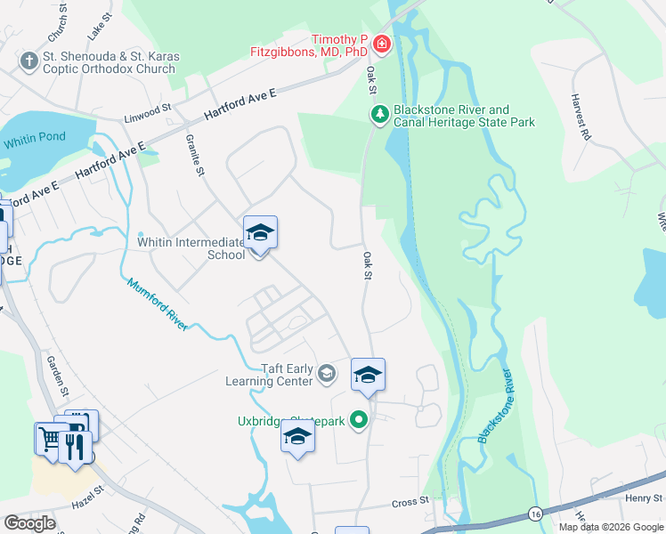 map of restaurants, bars, coffee shops, grocery stores, and more near 81 Granite Street in Uxbridge