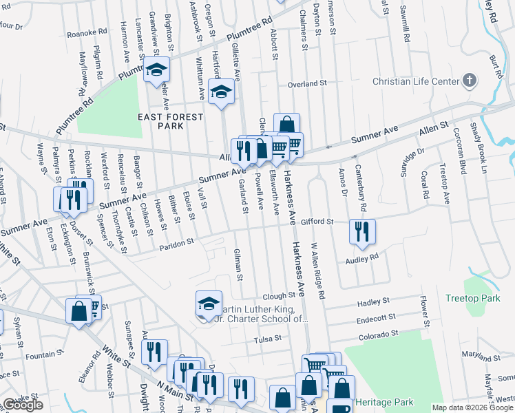 map of restaurants, bars, coffee shops, grocery stores, and more near 86 Powell Avenue in Springfield