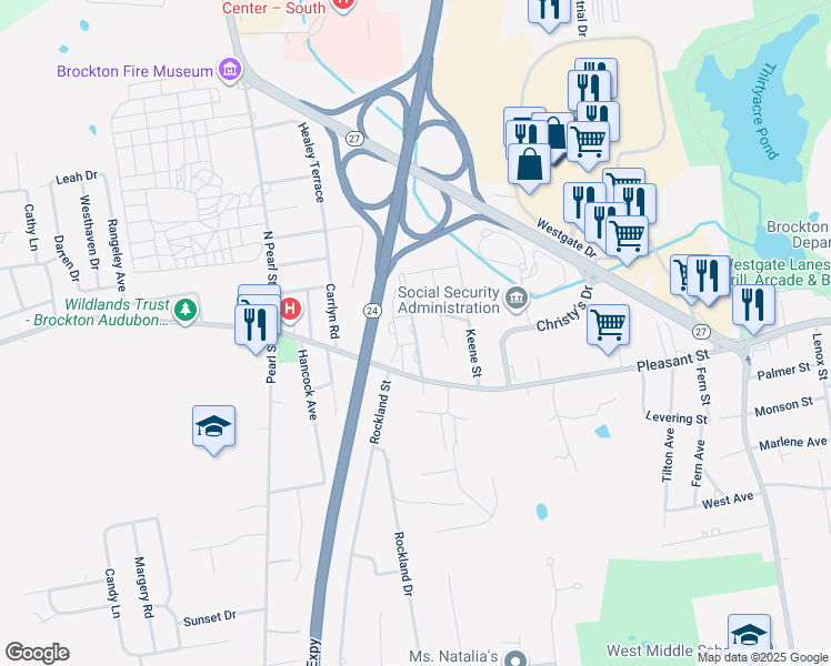 map of restaurants, bars, coffee shops, grocery stores, and more near Westland Street in Brockton