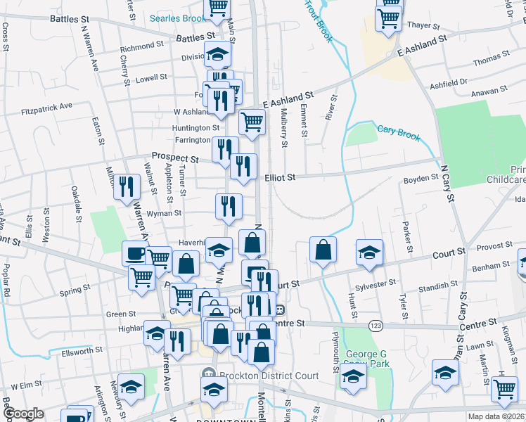 map of restaurants, bars, coffee shops, grocery stores, and more near 159 North Montello Street in Brockton