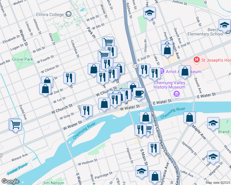 map of restaurants, bars, coffee shops, grocery stores, and more near 208 West Gray Street in Elmira