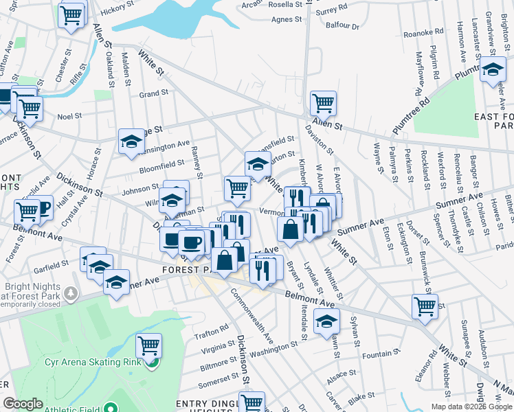 map of restaurants, bars, coffee shops, grocery stores, and more near 47 Lester Street in Springfield