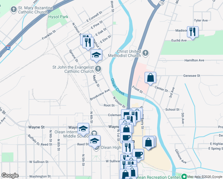 map of restaurants, bars, coffee shops, grocery stores, and more near 725 North Union Street in Olean