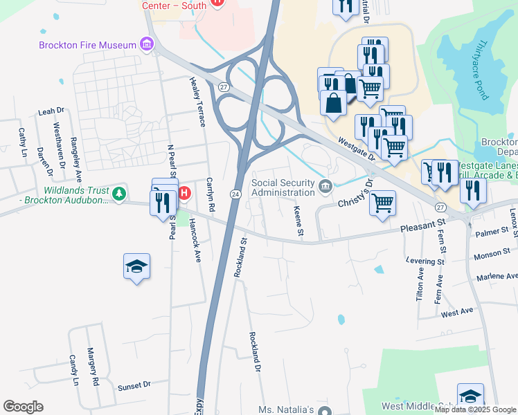 map of restaurants, bars, coffee shops, grocery stores, and more near 14 Westland Street in Brockton