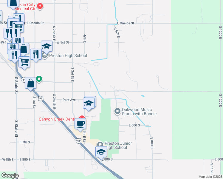 map of restaurants, bars, coffee shops, grocery stores, and more near 559 East 400 North in Preston