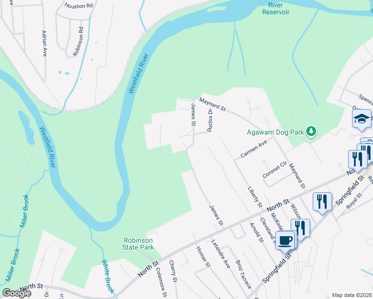 map of restaurants, bars, coffee shops, grocery stores, and more near 153 James Street in Agawam