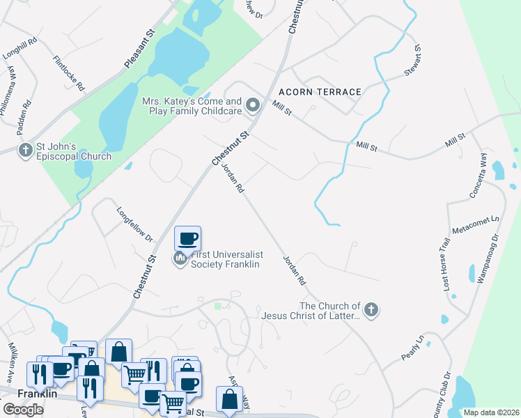 map of restaurants, bars, coffee shops, grocery stores, and more near 41 Jordan Road in Franklin