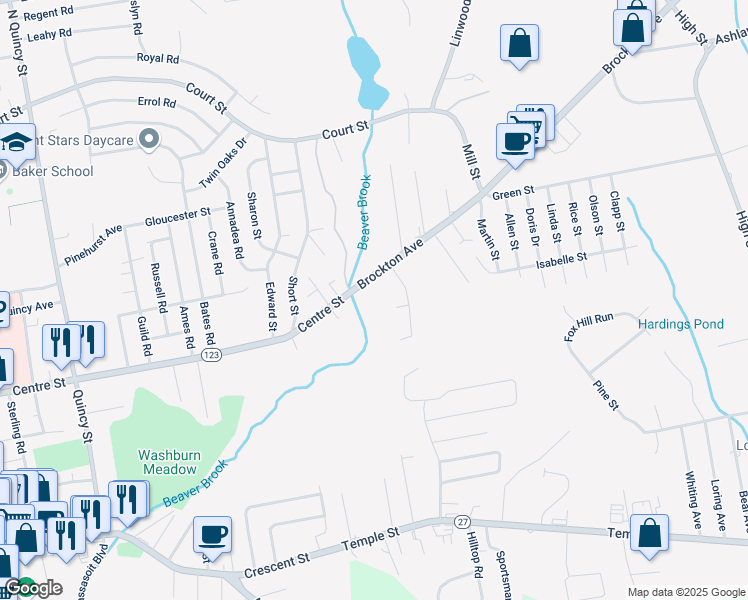 map of restaurants, bars, coffee shops, grocery stores, and more near 1021 Centre Street in Brockton