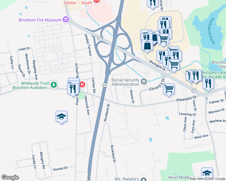 map of restaurants, bars, coffee shops, grocery stores, and more near 14 Westland Street in Brockton