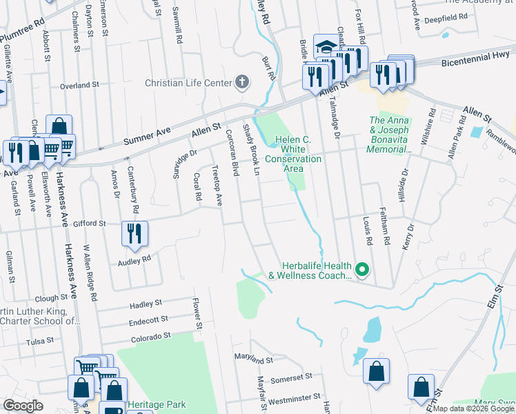 map of restaurants, bars, coffee shops, grocery stores, and more near 167 Corcoran Boulevard in Springfield