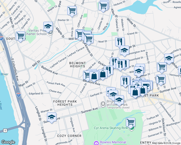 map of restaurants, bars, coffee shops, grocery stores, and more near 22 Hall Street in Springfield