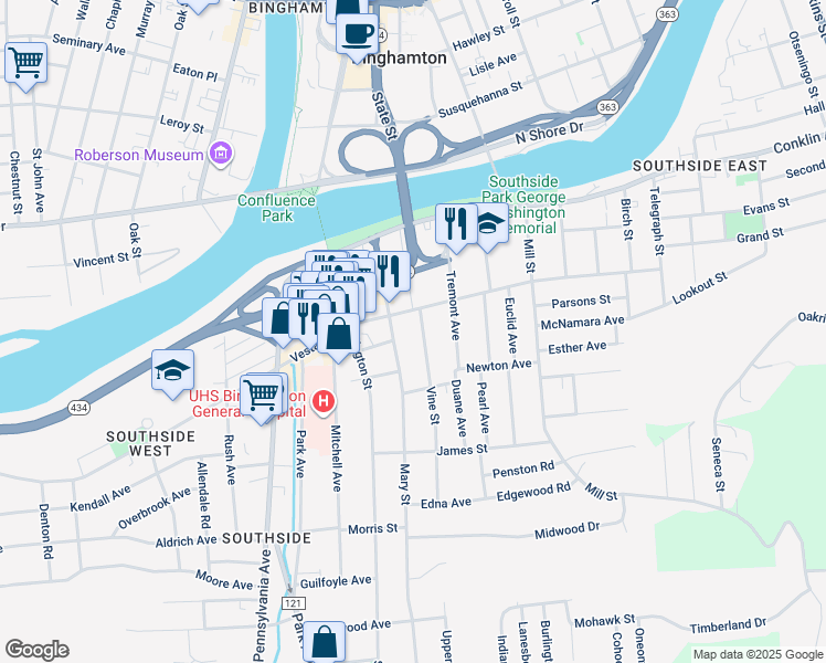 map of restaurants, bars, coffee shops, grocery stores, and more near 15 Vine Street in Binghamton