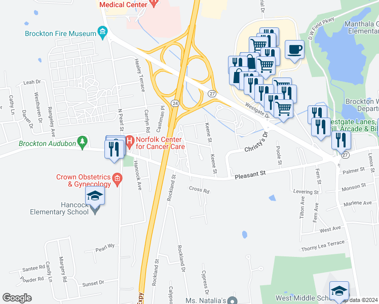 map of restaurants, bars, coffee shops, grocery stores, and more near 39 Westland Street in Brockton