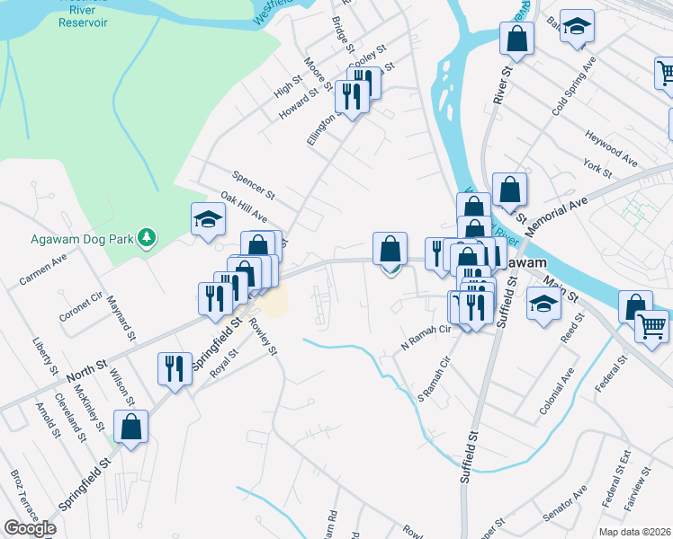 map of restaurants, bars, coffee shops, grocery stores, and more near 189 Springfield Street in Agawam