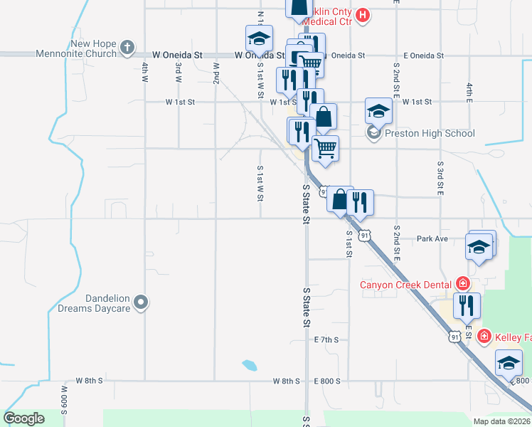map of restaurants, bars, coffee shops, grocery stores, and more near 71 West 4th South in Preston