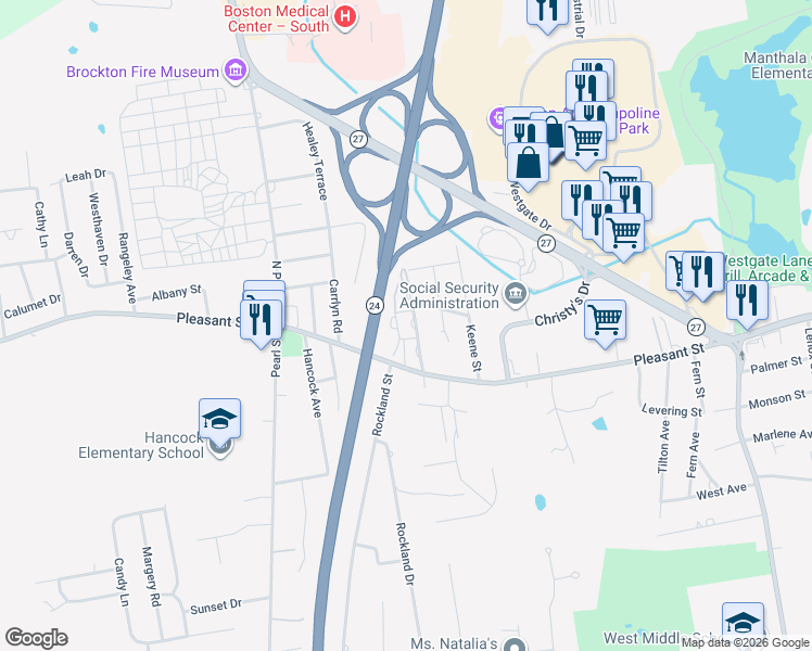 map of restaurants, bars, coffee shops, grocery stores, and more near 44 Westland Street in Brockton