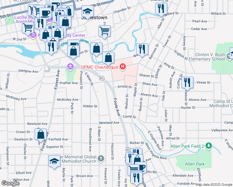 map of restaurants, bars, coffee shops, grocery stores, and more near 335 Foote Avenue in Jamestown