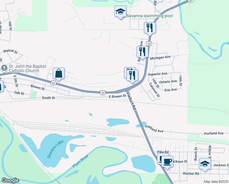 map of restaurants, bars, coffee shops, grocery stores, and more near Chicago Avenue in Savanna