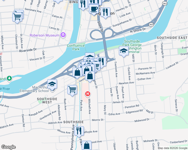map of restaurants, bars, coffee shops, grocery stores, and more near 10 Martha Street in Binghamton