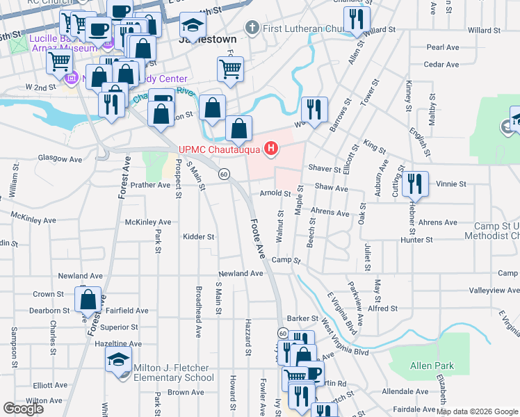 map of restaurants, bars, coffee shops, grocery stores, and more near 349 Foote Avenue in Jamestown