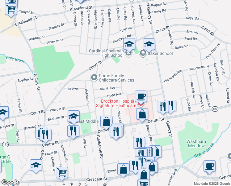 map of restaurants, bars, coffee shops, grocery stores, and more near 64 Marie Avenue in Brockton