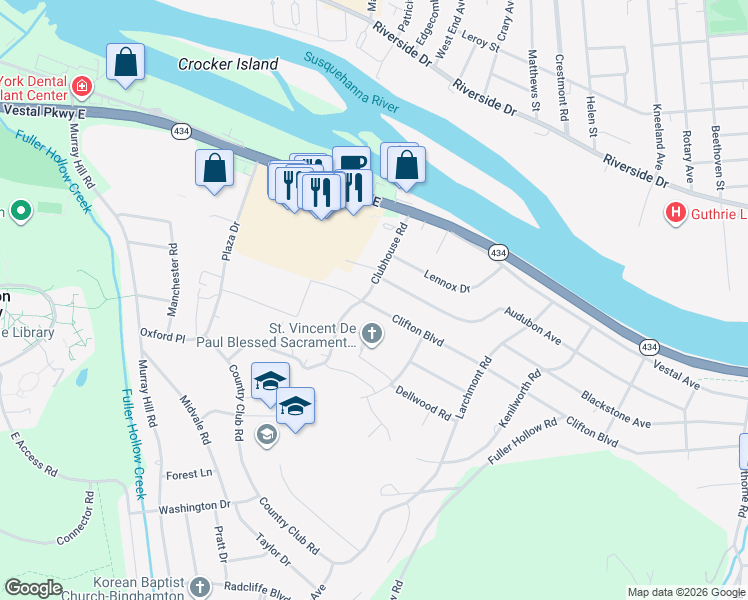 map of restaurants, bars, coffee shops, grocery stores, and more near 309 Clubhouse Road in Vestal