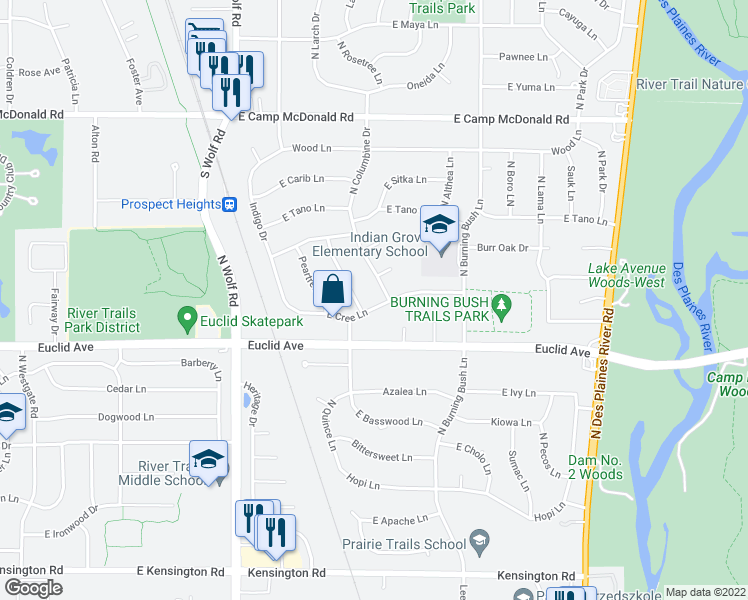 map of restaurants, bars, coffee shops, grocery stores, and more near 1800 East Cree Lane in Mount Prospect
