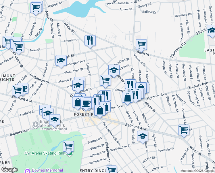 map of restaurants, bars, coffee shops, grocery stores, and more near 44 Scott Street in Springfield