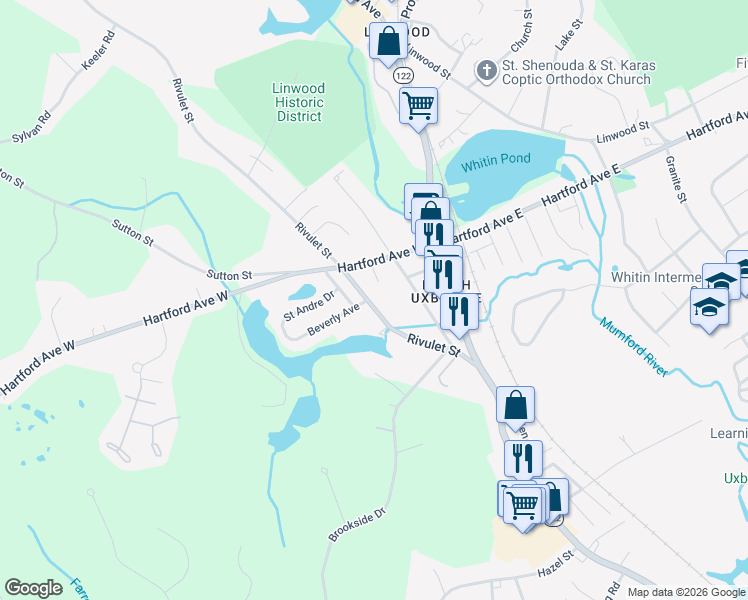 map of restaurants, bars, coffee shops, grocery stores, and more near 46 Hartford Avenue West in Uxbridge
