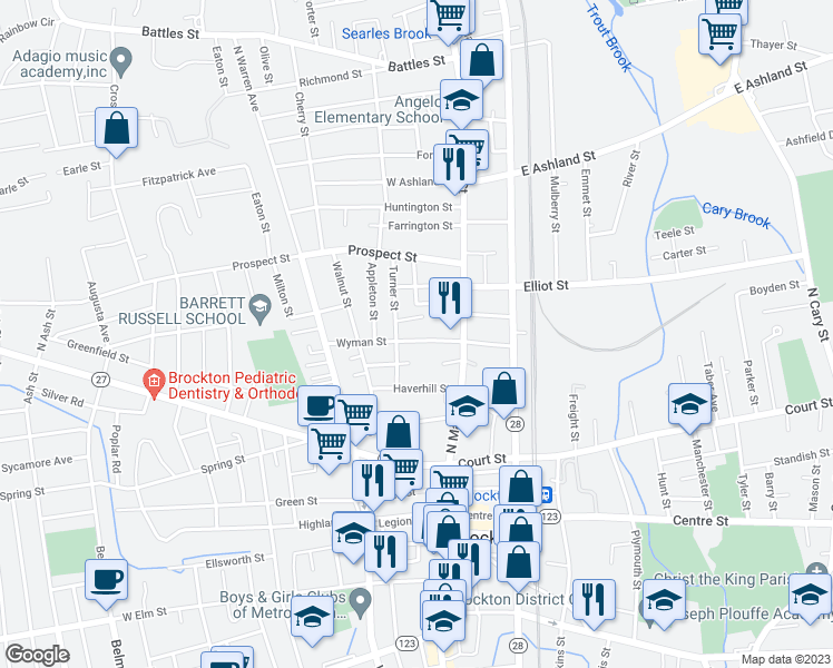 map of restaurants, bars, coffee shops, grocery stores, and more near 37 Wyman Street in Brockton