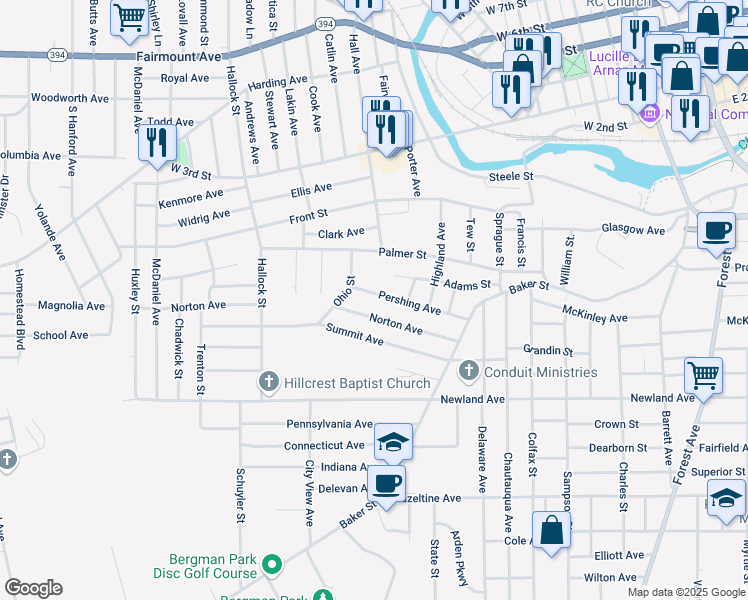 map of restaurants, bars, coffee shops, grocery stores, and more near 88 Pershing Avenue in Jamestown