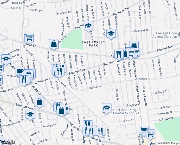 map of restaurants, bars, coffee shops, grocery stores, and more near 1062 Sumner Avenue in Springfield