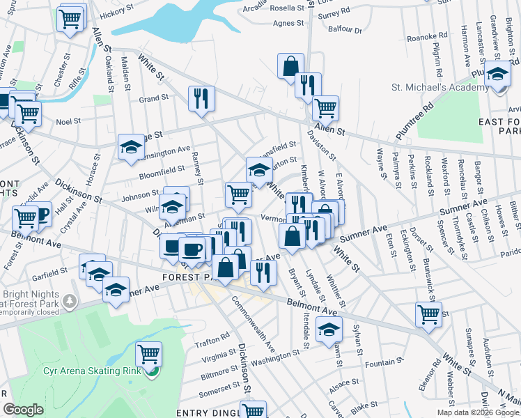 map of restaurants, bars, coffee shops, grocery stores, and more near 300 White Street in Springfield