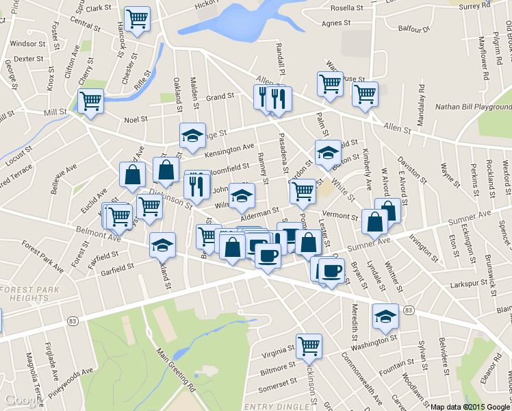 map of restaurants, bars, coffee shops, grocery stores, and more near 141 Johnson Street in Springfield