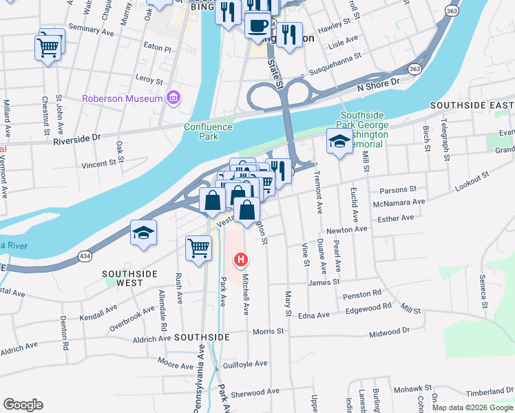 map of restaurants, bars, coffee shops, grocery stores, and more near in Binghamton