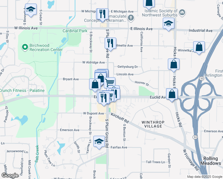 map of restaurants, bars, coffee shops, grocery stores, and more near 1906 Plum Grove Road in Rolling Meadows