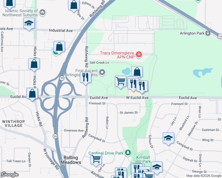 map of restaurants, bars, coffee shops, grocery stores, and more near 3401 Payton Place in Arlington Heights