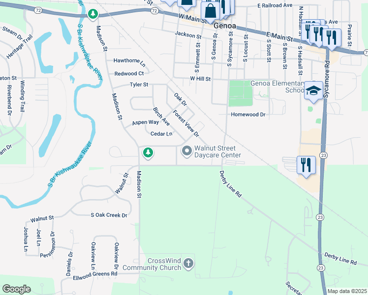 map of restaurants, bars, coffee shops, grocery stores, and more near 418 Birch Avenue in Genoa