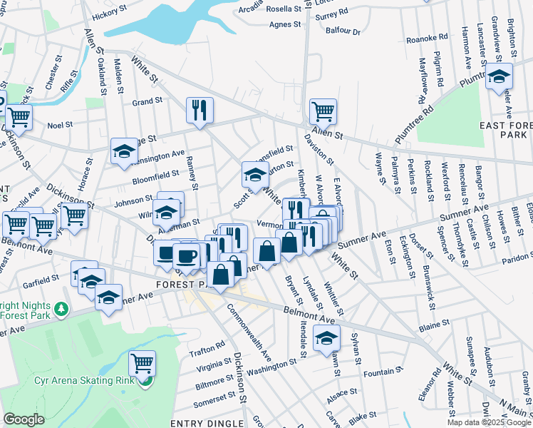 map of restaurants, bars, coffee shops, grocery stores, and more near 27 Ainsworth Street in Springfield