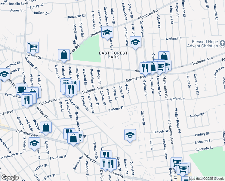 map of restaurants, bars, coffee shops, grocery stores, and more near 1062 Sumner Avenue in Springfield