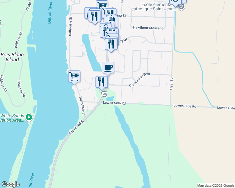 map of restaurants, bars, coffee shops, grocery stores, and more near 223 Crownridge Boulevard in Amherstburg