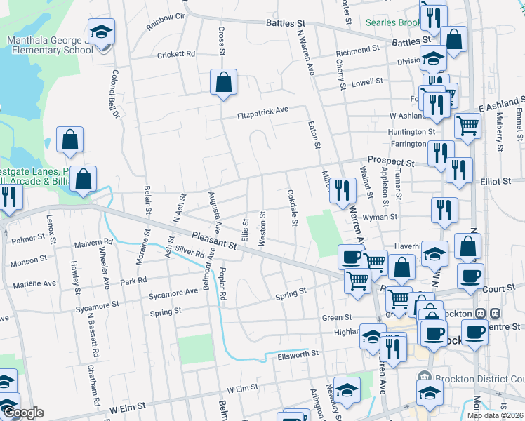 map of restaurants, bars, coffee shops, grocery stores, and more near Weston Street in Brockton