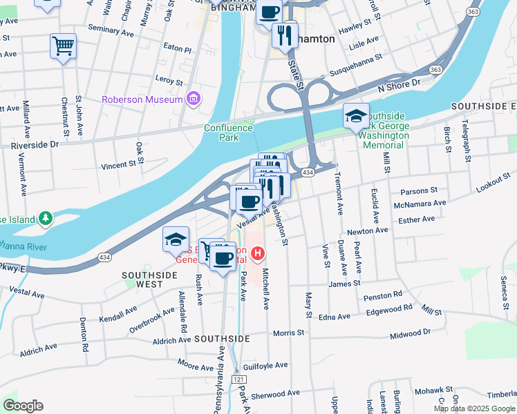 map of restaurants, bars, coffee shops, grocery stores, and more near 46 South Washington Street in Binghamton