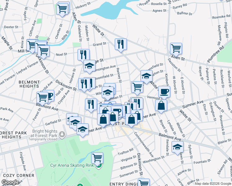 map of restaurants, bars, coffee shops, grocery stores, and more near 141 Johnson Street in Springfield