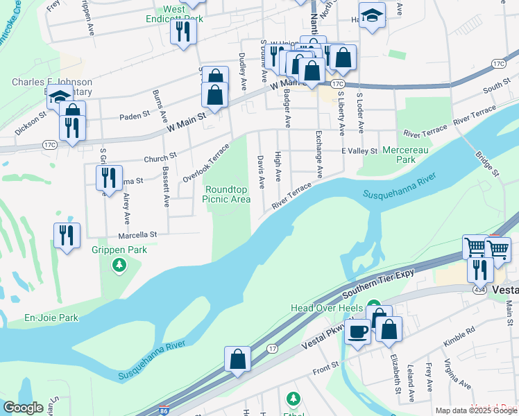 map of restaurants, bars, coffee shops, grocery stores, and more near 1702 Davis Avenue in Endicott