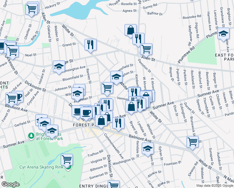 map of restaurants, bars, coffee shops, grocery stores, and more near 300 White Street in Springfield